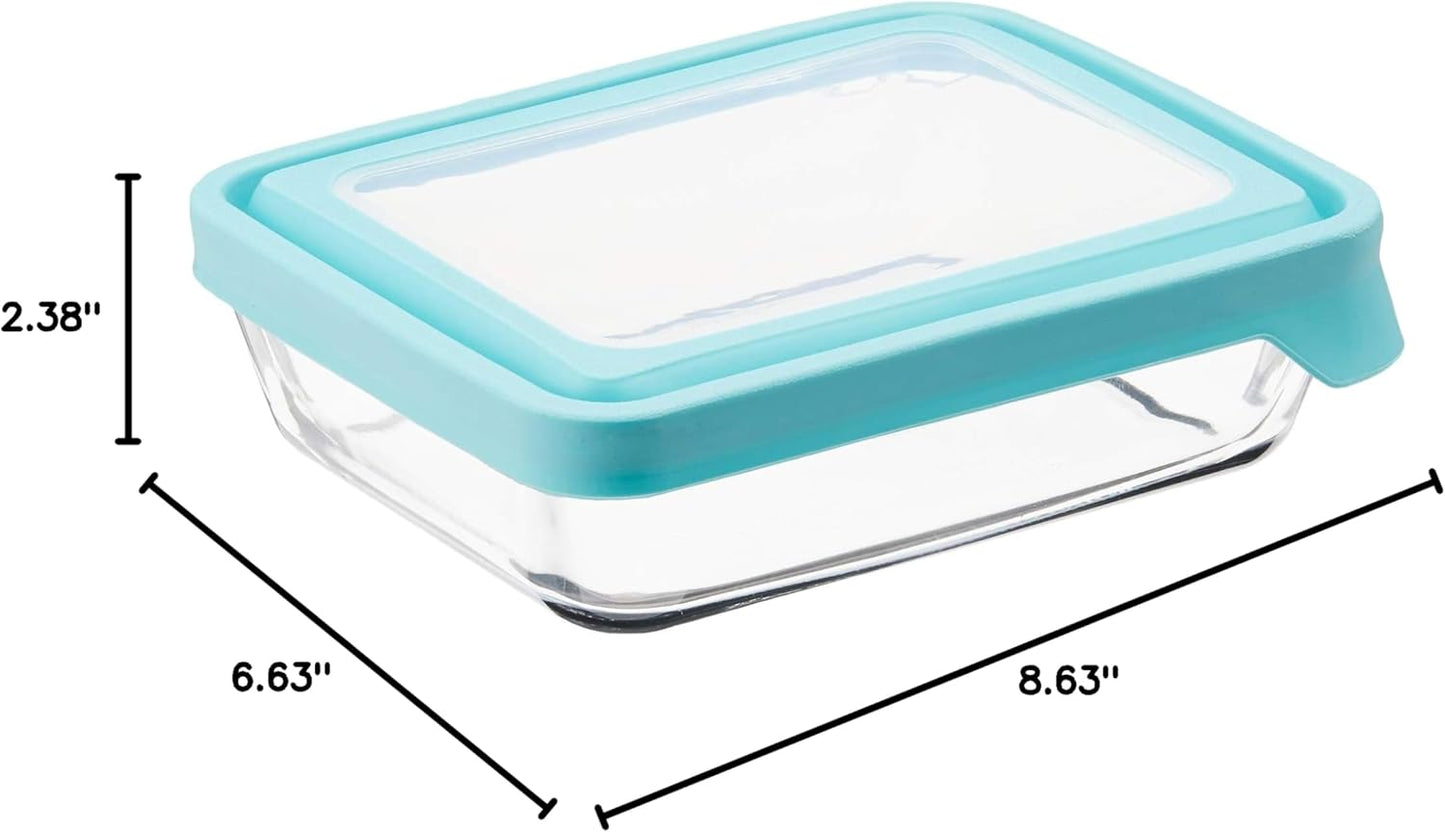 Anchor Hocking TrueSeal Glass Food Storage Containers with Mineral Blue Airtight Lids, 6 Cup Capacity (48 Oz), Rectangle, Pack of 4