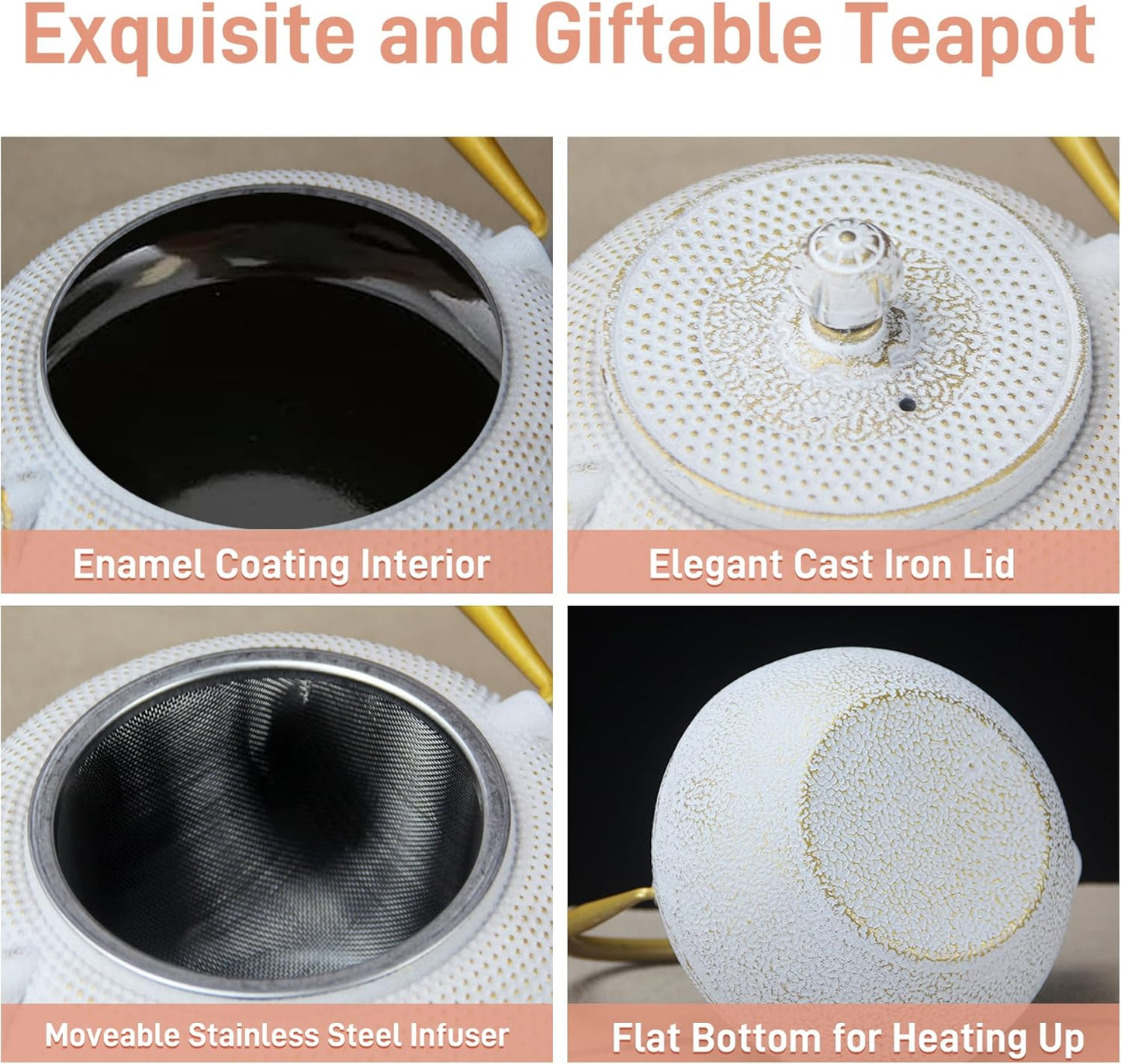 Japanese Tetsubin Cast Iron Teapot Tea Kettle pot with Stainless Steel Infuser for Stovetop Safe Coated with Enameled Interior (White, 1200ml)