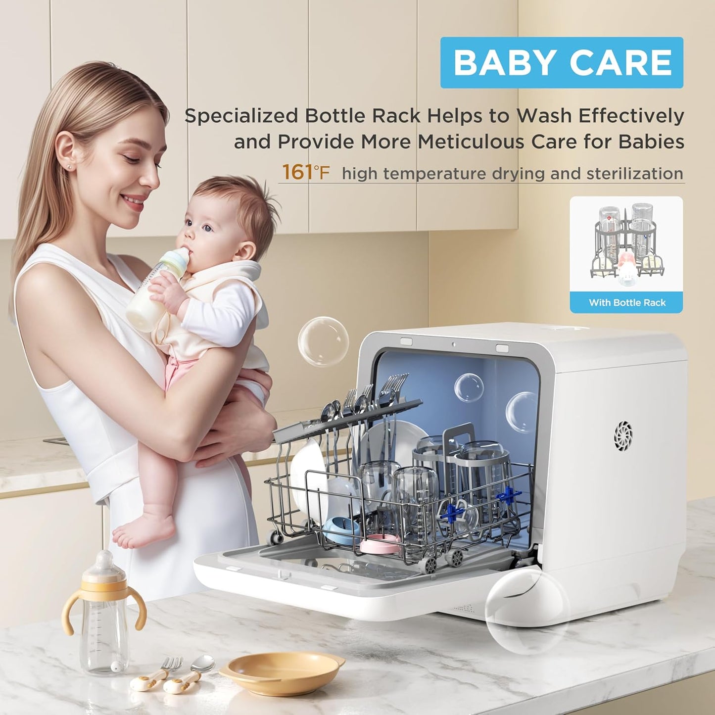 Midea MDC17P4CWW Portable Countertop Mini 5L Built-in Water Tank, Baby Care, No Hookup Needed, 360° Dual Spray,High-Temp wash, Dishwasher for Apartments& RVs, White, Whole