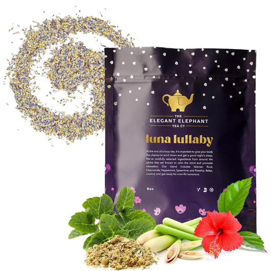 Luna Lullaby Sleep Tea, Organic Loose Leaf Herbal Tea – Calming, Relaxing Bedtime Tea – Chamomile, Valerian Root, Peppermint – 8 oz Resealable Bag (Makes 100 Cups) – The Elegant Elephant
